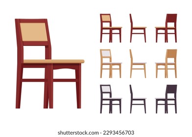 Dining side chairs furniture, natural wood big set. Upholstered seat, back, kitchen space bistro room, rustic classic design. Vector flat style cartoon home, office articles isolated, white background