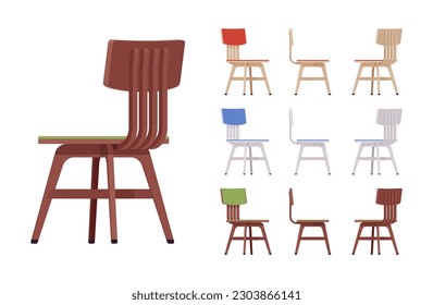 Dining side chairs furniture, natural wooden big set. Upholstered seat, kitchen space bistro room, rustic classic design. Vector flat style cartoon home, office articles isolated, white background