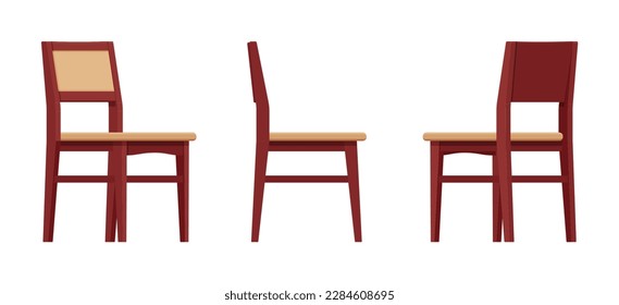 Dining side chairs natural wood brown set. Kitchen space bistro room, rustic classic design. Vector flat style cartoon home, office furniture articles isolated, white background front, side, rear view