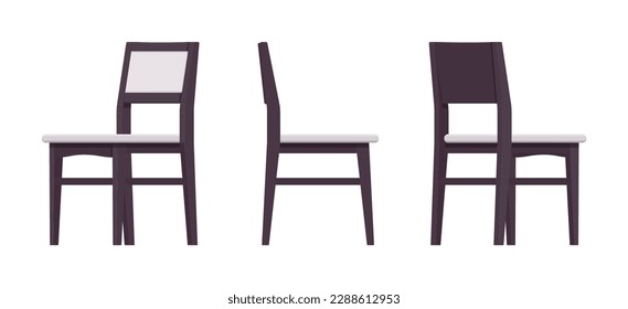 Dining side chairs, natural wood black set. Kitchen space bistro room, classic design. Vector flat style cartoon home, office furniture articles isolated on white background front, side, rear view