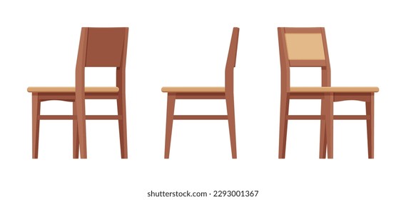 Dining side chairs, natural wood brown set. Kitchen space bistro room, classic design. Vector flat style cartoon home, office furniture articles isolated on white background front, side, rear view