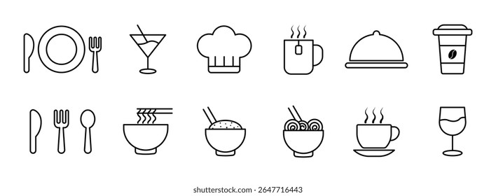 jantar, silhueta, ferramentas, feijão, banheiro, negócio, loja, pizzaria, aberto, papel, coleção, fresco, leite, água, garrafa, coquetel, símbolo, salsicha, faca, ilustração, comida, restaurante, conjunto, vetor