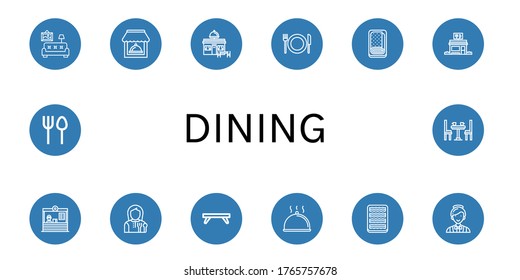 dining simple icons set. Contains such icons as Living room, Restaurant, Meatloaf, Lunchroom, Breakfast tray, Cloche, Bacon, Catering, Cutlery, can be used for web, mobile and logo