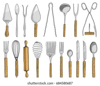 dining or snack fork for oysters, ice cream spoon and knife for dessert or butter and baking. kitchen utensils, cooking stuff for menu decoration. engraved hand drawn in old sketch and vintage style.