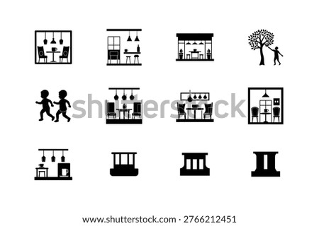 Dining table arrangements. Cafe window view. Outdoor tree picking. Minimalist design motifs.