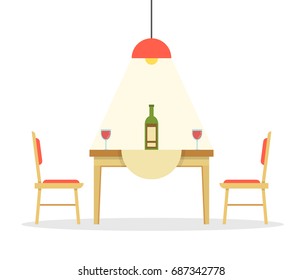 Dining table with bottle of wine and two glasses on it. Dining table and two chairs. Flat cartoon style. Vector illustration.