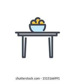 Dining table with a bowl of fruit color line icon. Furniture vector outline colorful sign.