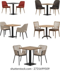 Mesa de jantar e cadeira ilustração conjunto com cinco combinações elegantes de duas cadeiras em materiais e cores variados