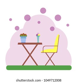 Dining table with chair.  Outdoor picnic. Chair, table, flower, food, Flat design. Vector illustration