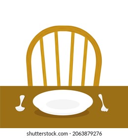 Dining table and chair. Plate, spoon and fork