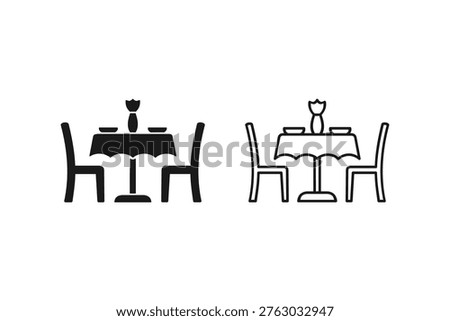 Dining table with chairs and centerpiece icon for restaurant