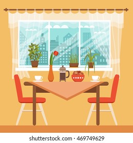 Dining table with chairs and coffee cups near window curtains and house plants colorful vector illustration in cartoon flat style. Window with curtains and city landscape cafe table for romantic date