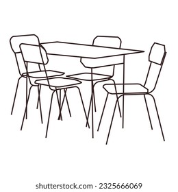 Dining table and chairs in continuous line art drawing style. Classic style dining room furniture black linear sketch isolated on white background. Vector illustration.Part of the dining room. .......