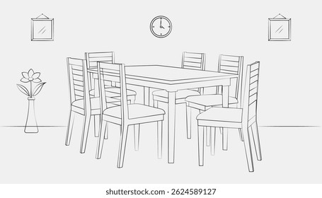 Dining table and chairs in continuous line art drawing style. Classic style dining room furniture black linear sketch isolated on white background.