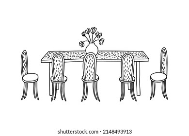 Dining table and chairs doodle illustration. Cozy kitchen interior illustration