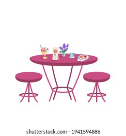 Dining table and chairs with ice cream and pizza for visitors to summer cafes or restaurants. Advertising flyer for the client. The furniture set is flat. Bright illustration on a white background