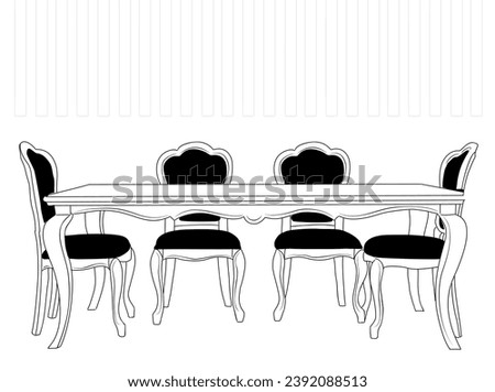 Dining table and chairs line art hand drawing.