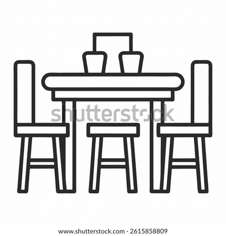Dining Table with Chairs Outline Icon – Minimalist Furniture Line Art on White, Line Art Dining Table Icon – Home Furniture Outline on White Background