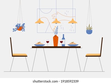 Dining table with chairs, pasta plates, wine bottle, glasses. Dining room interior. Vector illustration in flat style