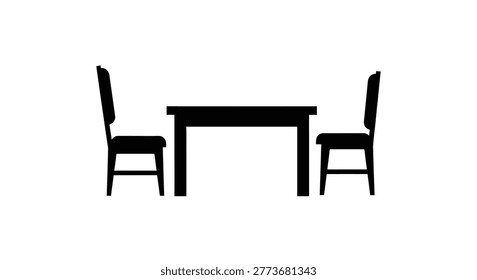 Dining table and chairs silhouette against a white background