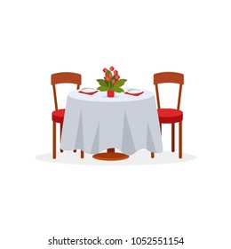 Dining table and chairs for two people, romantic dinner for couple in love vector Illustration on a white background