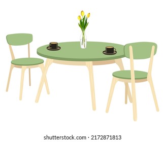 Dining table and chairs for two people. Vector illustration in flat style on a white background. Festive lunch in cafe, restaurant. Drinks and food