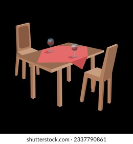 dining table, chairs for two, wine glasses, vector illustration 