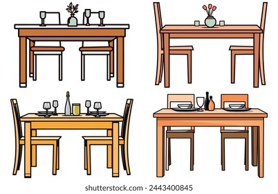 Dining Table and chairs Vector set, Tables with chairs for dining illustration set
