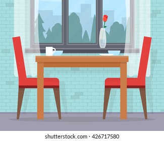Dining table for date with chairs, dishes and window. Apartment and cafe interior. Flat style vector illustration.