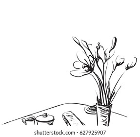 Dining table for date with coffee. Hand Drawn Sketch Vector illustration.