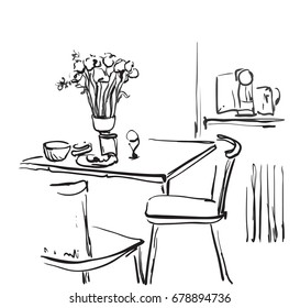 Dining table for date with coffee. Hand Drawn Interior illustration.