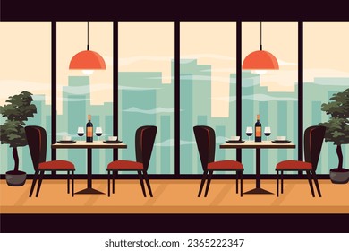 Dining table for date with glasses of wine and chairs in flat style. Luxury exclusive rooftop restaurant. City skyline on background. Restaurant indoor. Vector stock