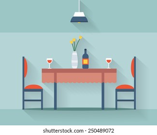 Dining table for date with glasses of wine, flowers and chairs. Flat style vector illustration.