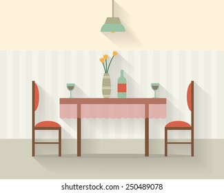 Dining table for date with glasses of wine, flowers and chairs. Flat style vector illustration.