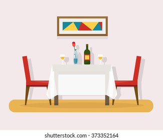Dining table for date with glasses of wine, flowers and chairs. Flat style vector illustration.