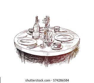 Dining Table For Date With Glasses Of Wine, Hand Drawn Sketch Vector Illustration.