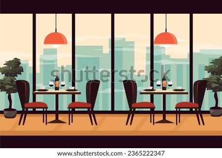Dining table for date with glasses of wine and chairs in flat style. Luxury exclusive rooftop restaurant. City skyline on background. Restaurant indoor. Vector stock