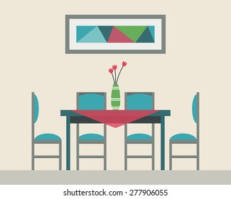 Dining table for date with vase, flowers and chairs. Flat style vector illustration.