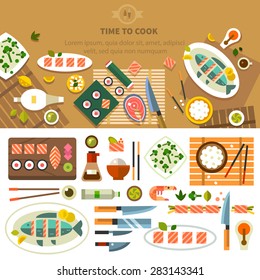 Dining table with dishes in top view. Restaurant asian cuisine: chef prepares sushi and fish. Devices for cooking, kitchenware. Vector flat illustration