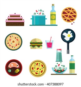 Dining table with dishes in top view. Vector flat illustration, llustrations of food . The whole range of food - fried, boiled, vegetarian, national. Healthy eating, diet and fast food. 
