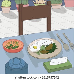 a dining table filled with food, soup, cutlery, crackers, tissues, and some plants behind it. japan vibes. japan atmosphere. vector illustration