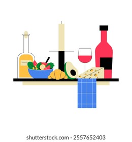 Dining Table With Food And Wine In Flat Vector Illustration Symbolizing Gourmet Cuisine, Elegant Dining, And Culinary Art, Isolated On White Background