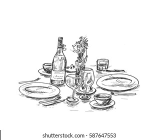 Dining table with glasses of wine and flower, Hand Drawn Sketch Vector illustration.