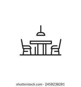 Dining table icon. Depicts a simple minimalist dining table and chairs with a hanging light fixture, perfect for visuals related to homes, kitchens, and dining areas. Vector illustration