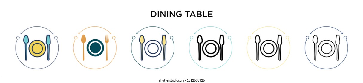 Dining table icon in filled, thin line, outline and stroke style. Vector illustration of two colored and black dining table vector icons designs can be used for mobile, ui, web