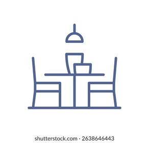Dining table icon, minimal furniture symbol, empty restaurant setting, chair and lamp outline, cafe interior element, simple seat layout, line drawing decor flat vector illustration.