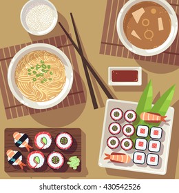 Dining table with japanese food in top view. Restaurant asian vector concept