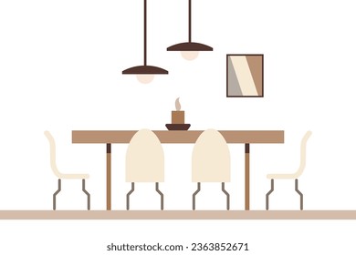 Dining table in the kitchen with chairs, a candle on the table, a poster on the wall and modern lamps in lampshades. Flat interior in minimal style, vector