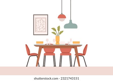 Dining table in kitchen with chairs, plates and wineglasses. Flat cartoon style vector illustration.