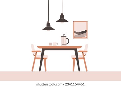 Mesa de comedor en cocina con sillas, platos y lentes de vino. Ilustración vectorial con estilo de dibujos animados planos.